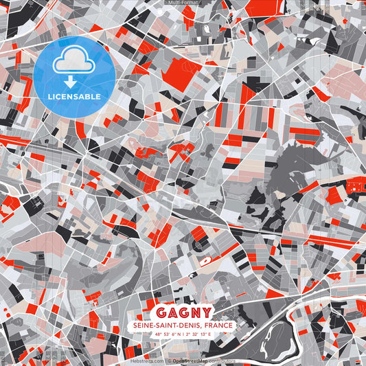 Gagny, Seine-Saint-Denis, France - modern street map poster template with gray and red tones