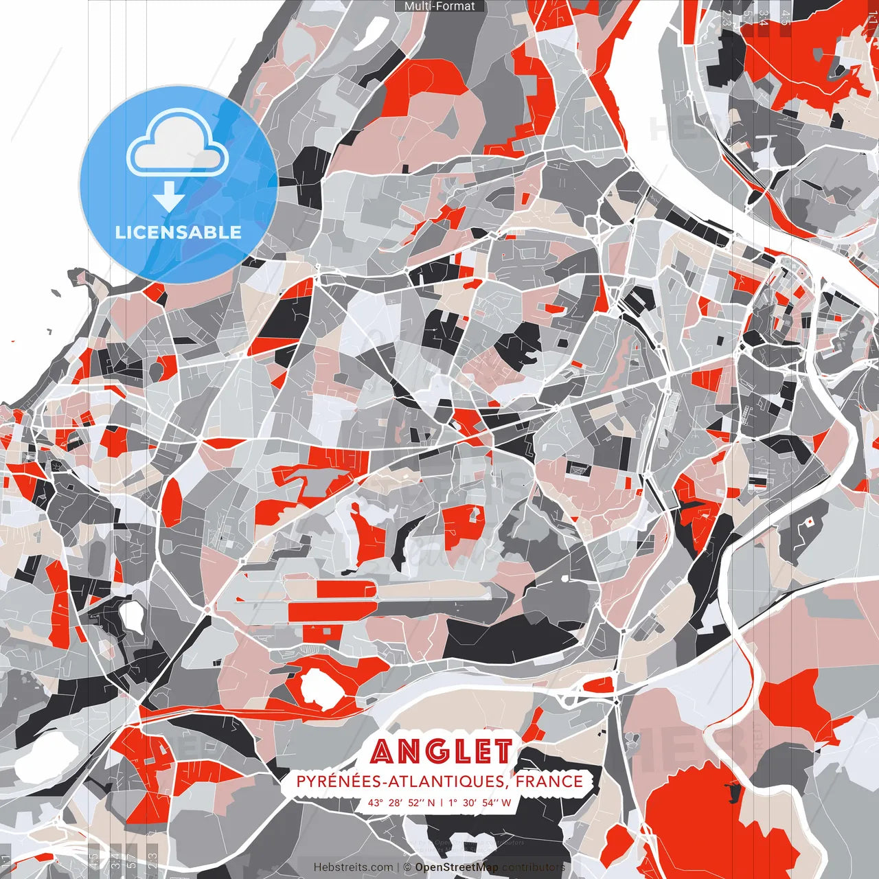 Anglet, Pyrénées-Atlantiques, France - modern street map poster template with gray and red tones