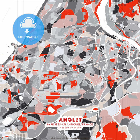 Anglet, Pyrénées-Atlantiques, France - modern street map poster template with gray and red tones