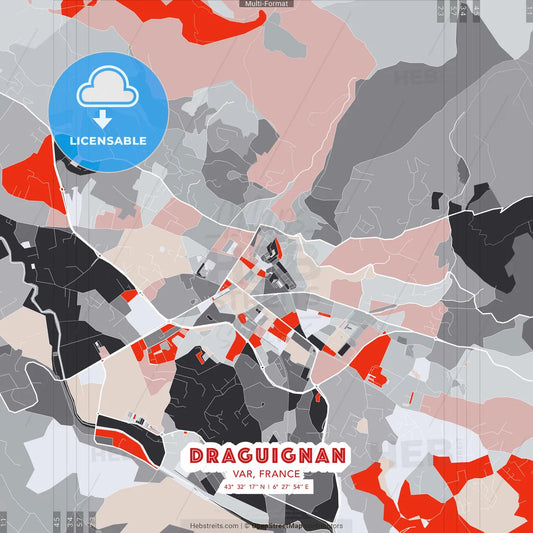 Draguignan, Var, France - modern street map poster template with gray and red tones
