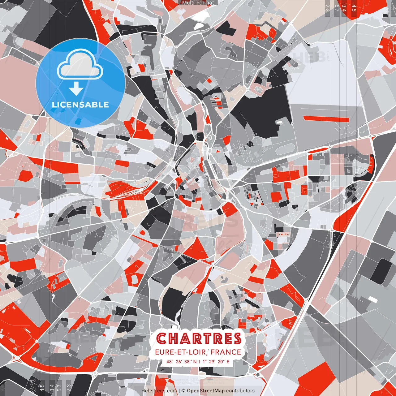 Chartres, Eure-et-Loir, France - modern street map poster template with gray and red tones