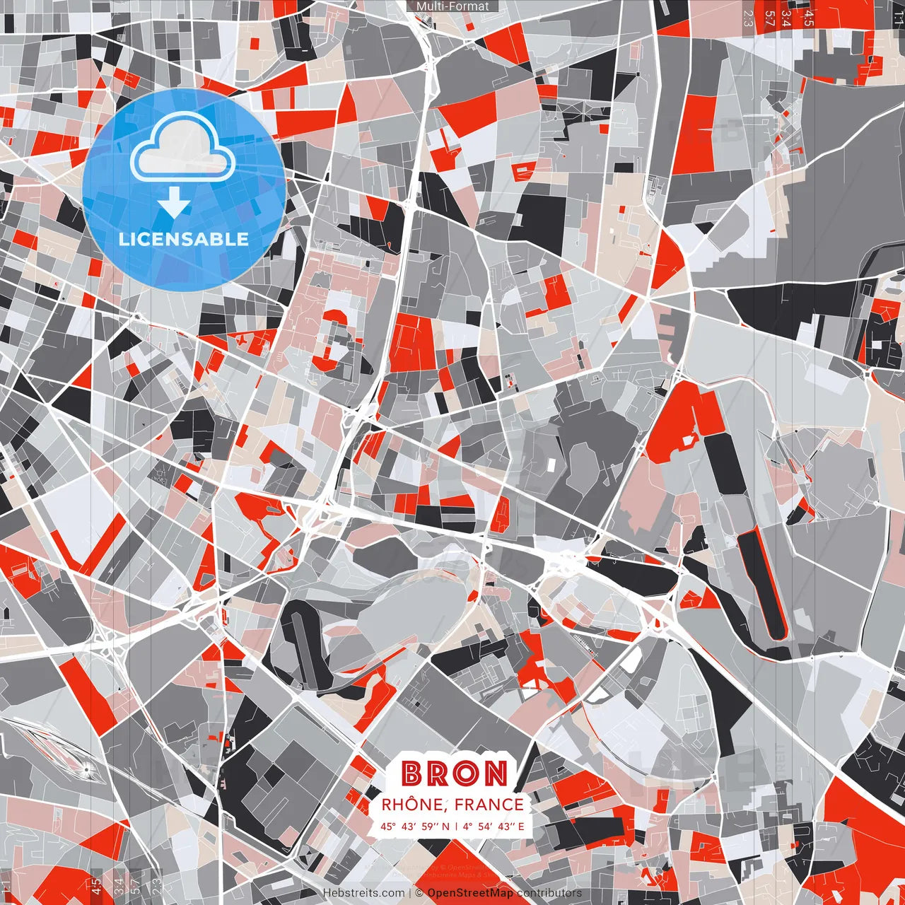 Bron, Rhône, France - modern street map poster template with gray and red tones