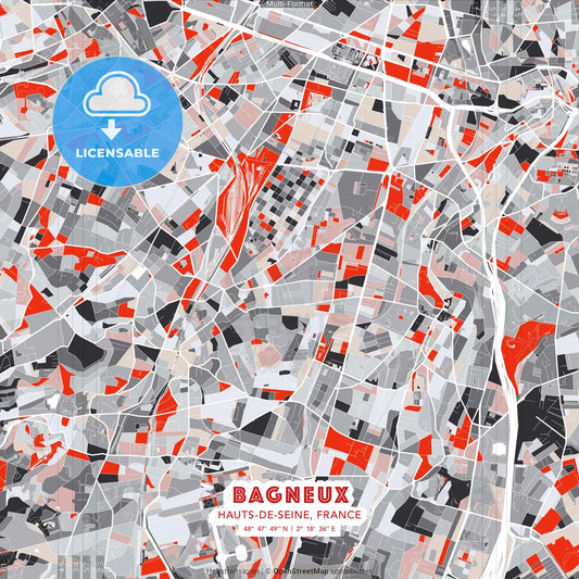 Bagneux, Hauts-de-Seine, France - modern street map poster template with gray and red tones