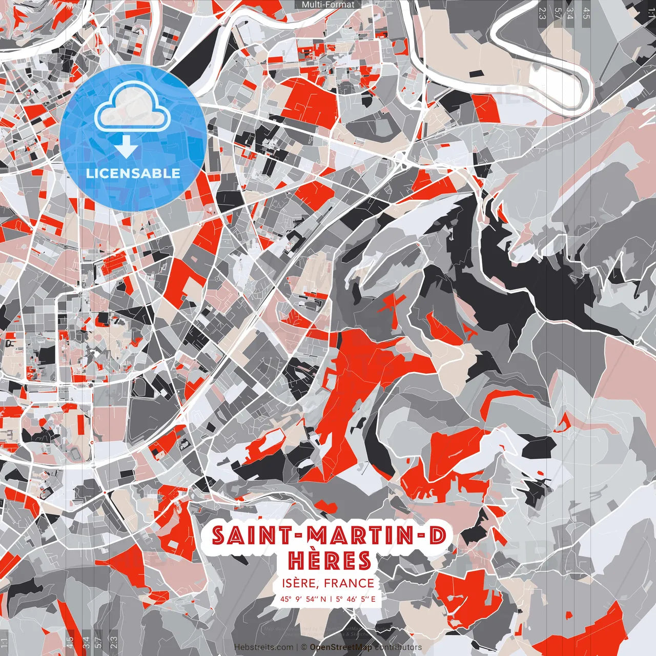 Saint-Martin-d Hères, Isère, France - modern street map poster template with gray and red tones