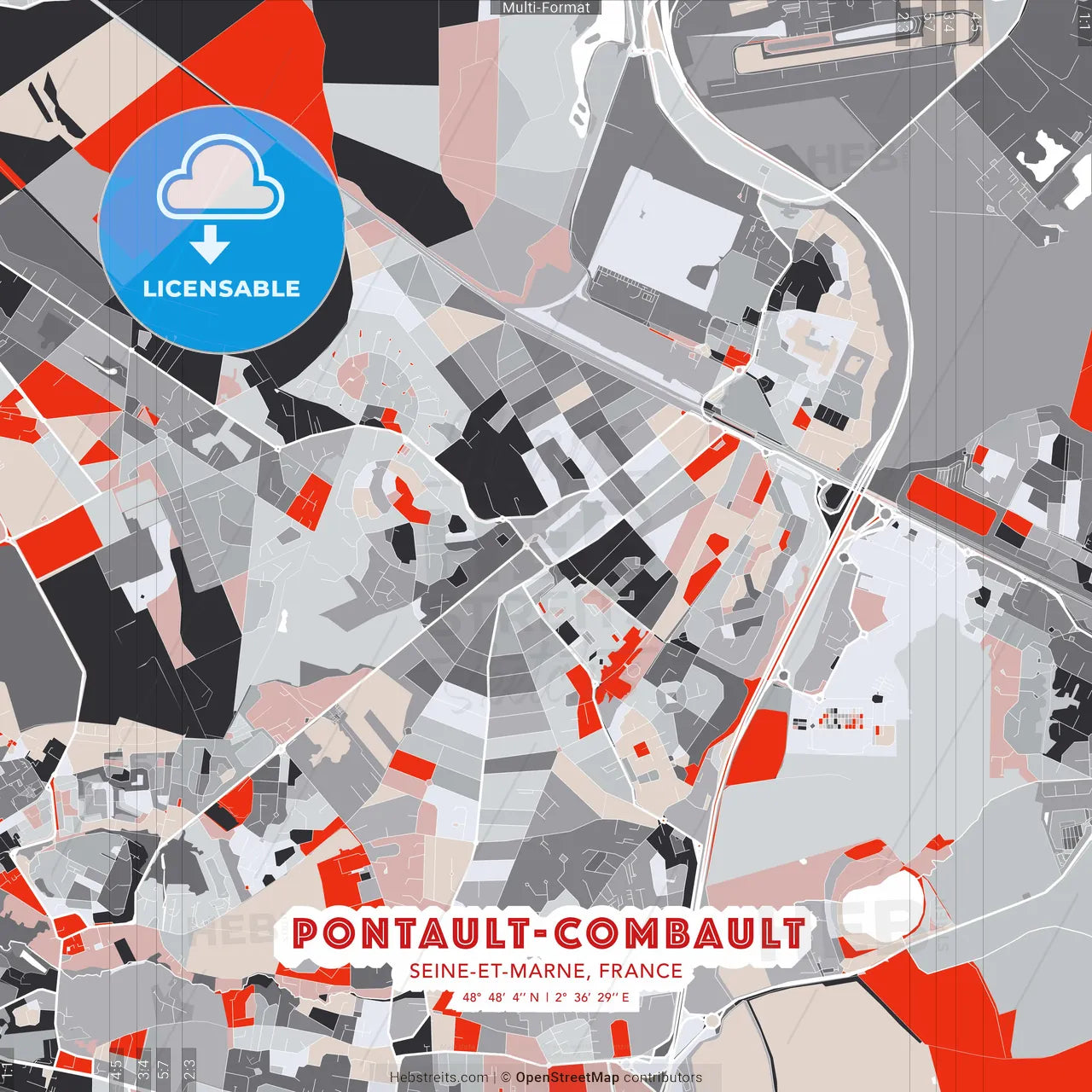 Pontault-Combault, Seine-et-Marne, France - modern street map poster template with gray and red tones