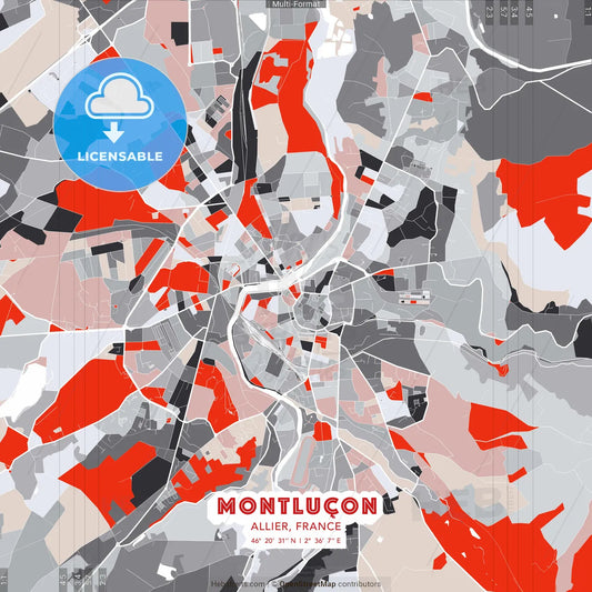Montluçon, Allier, France - modern street map poster template with gray and red tones
