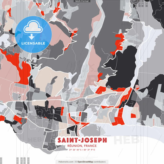 Saint-Joseph, Réunion, France - modern street map poster template with gray and red tones