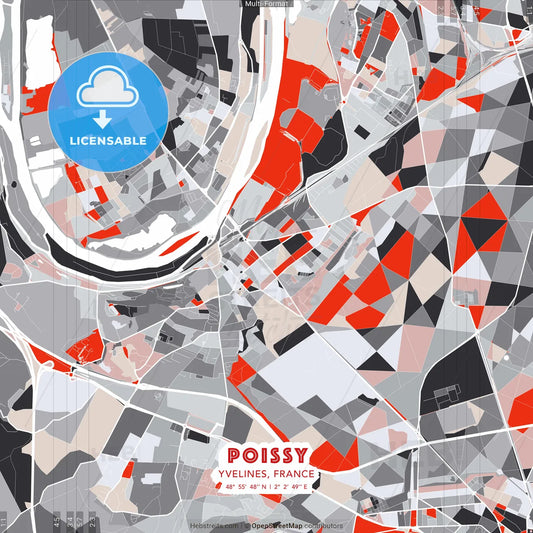 Poissy, Yvelines, France - modern street map poster template with gray and red tones