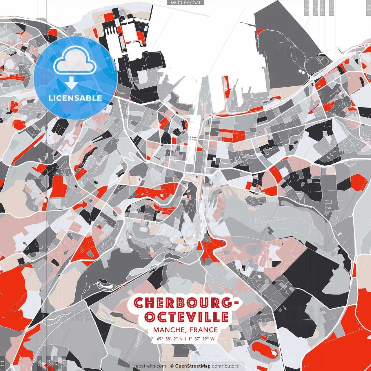 Cherbourg-Octeville, Manche, France - modern street map poster template with gray and red tones