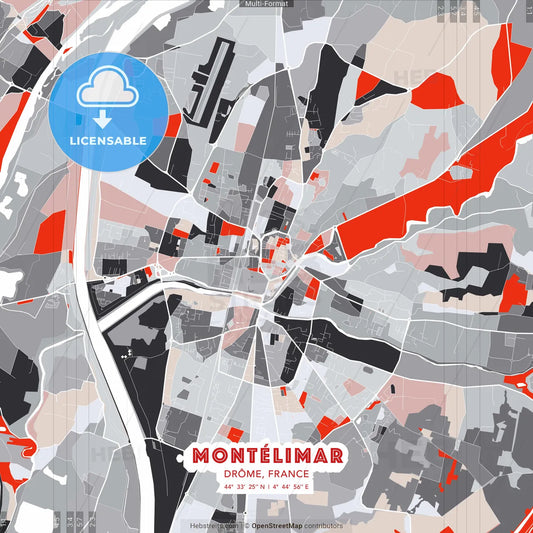 Montélimar, Drôme, France - modern street map poster template with gray and red tones