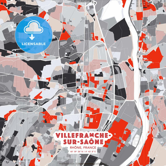Villefranche-sur-Saône, Rhône, France - modern street map poster template with gray and red tones