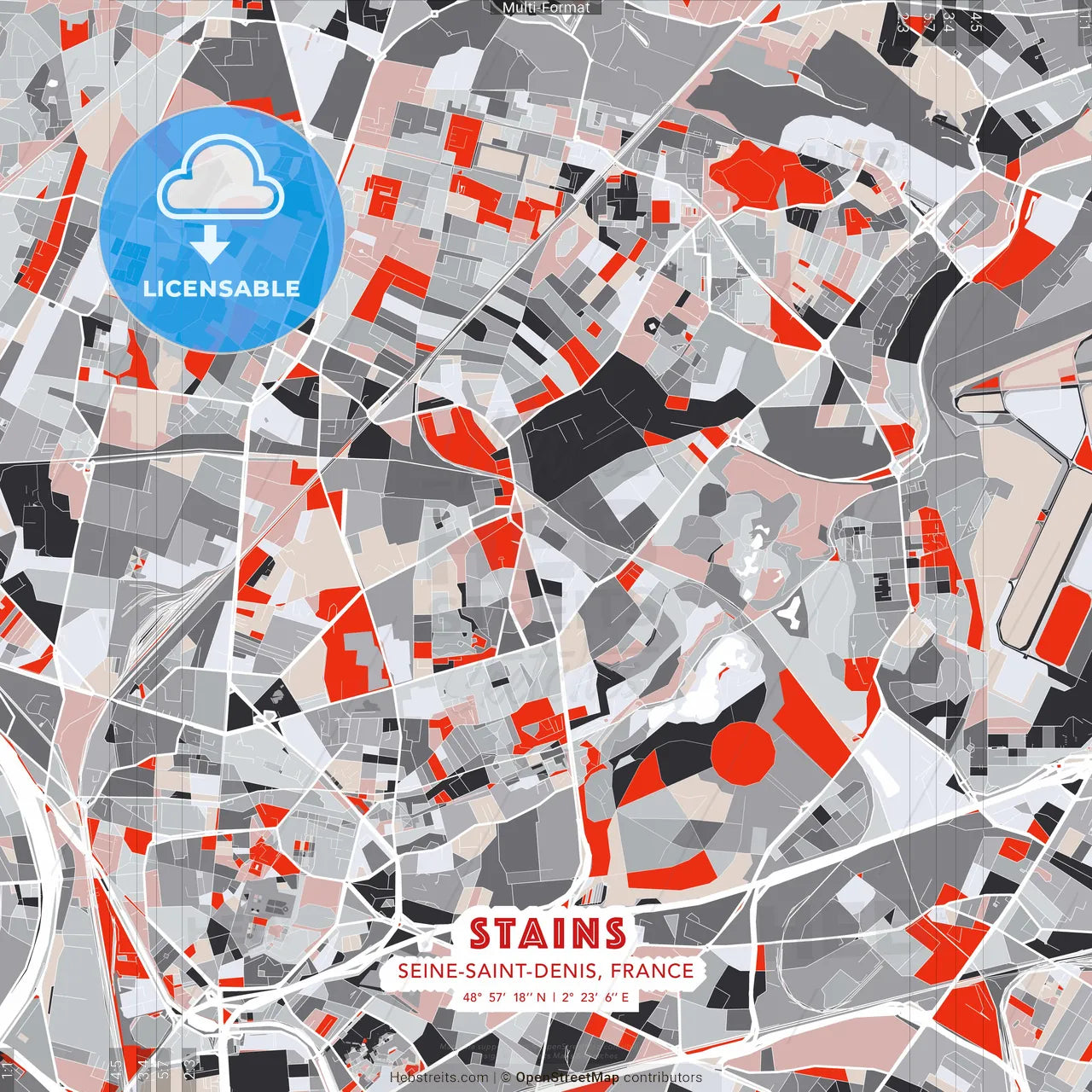 Stains, Seine-Saint-Denis, France - modern street map poster template with gray and red tones