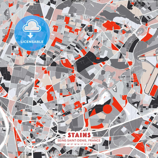 Stains, Seine-Saint-Denis, France - modern street map poster template with gray and red tones