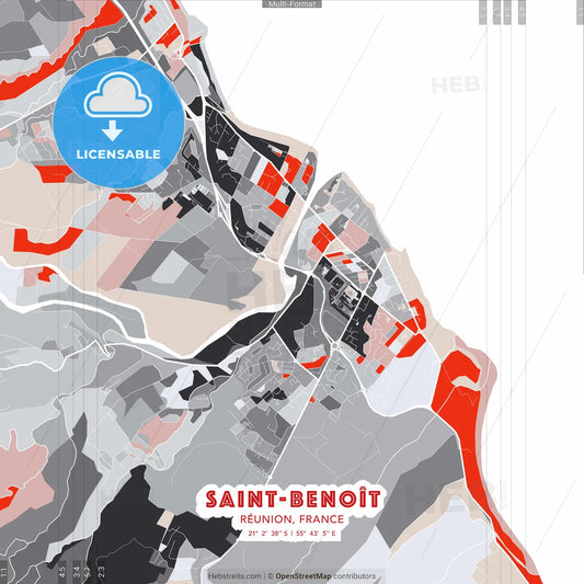 Saint-Benoît, Réunion, France - modern street map poster template with gray and red tones