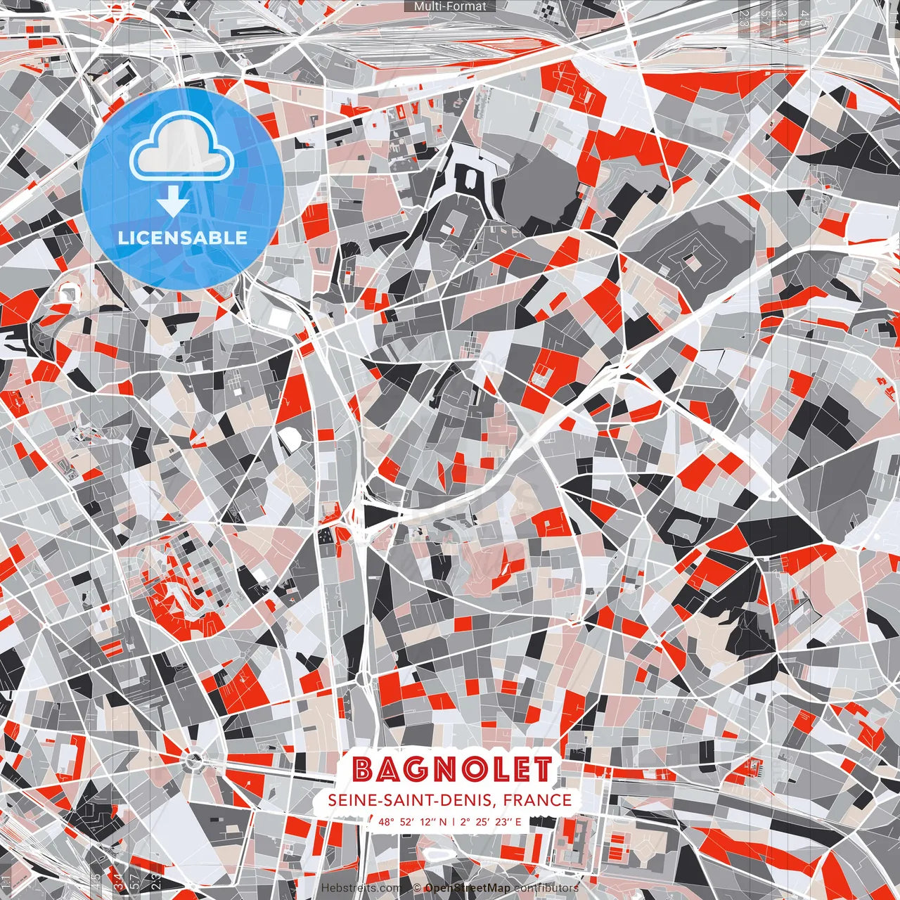 Bagnolet, Seine-Saint-Denis, France - modern street map poster template with gray and red tones