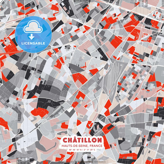 Châtillon, Hauts-de-Seine, France - modern street map poster template with gray and red tones