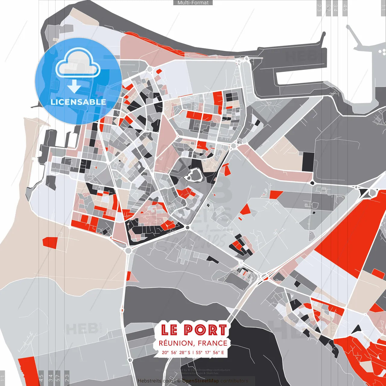 Le Port, Réunion, France - modern street map poster template with gray and red tones