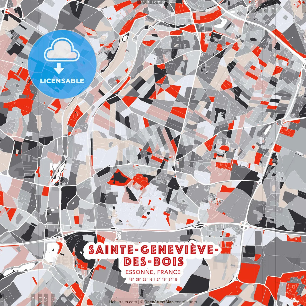 Sainte-Geneviève-des-Bois, Essonne, France - modern street map poster template with gray and red tones