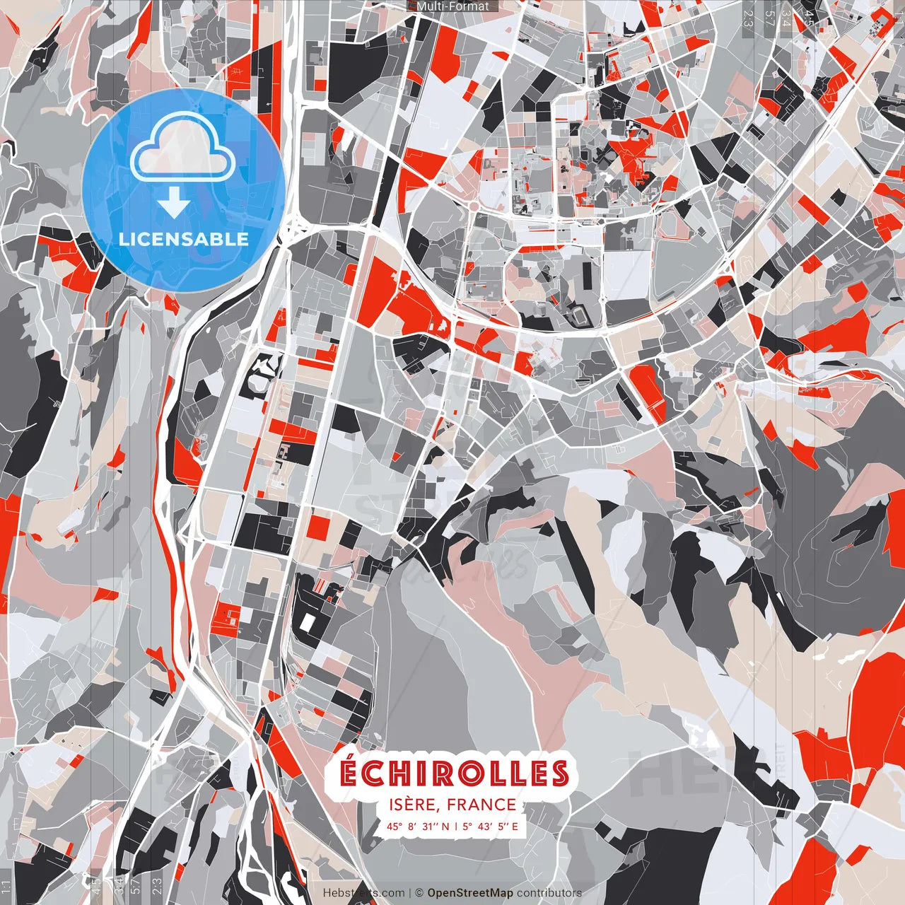 Échirolles, Isère, France - modern street map poster template with gray and red tones