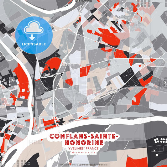 Conflans-Sainte-Honorine, Yvelines, France - modern street map poster template with gray and red tones