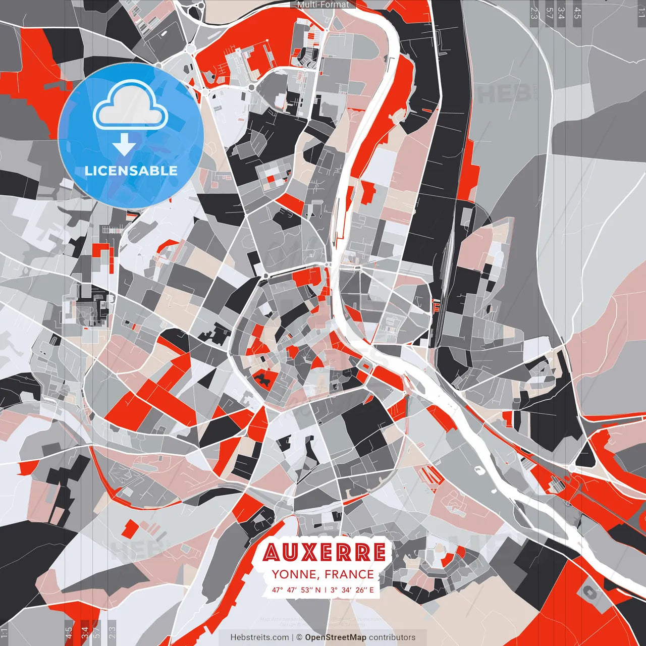 Auxerre, Yonne, France - modern street map poster template with gray and red tones