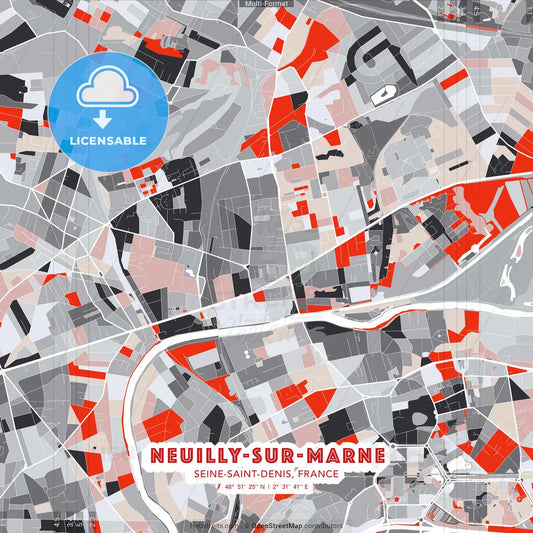 Neuilly-sur-Marne, Seine-Saint-Denis, France - modern street map poster template with gray and red tones