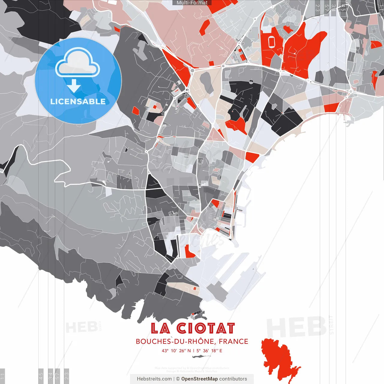 La Ciotat, Bouches-du-Rhône, France - modern street map poster template with gray and red tones