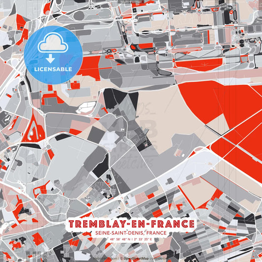 Tremblay-en-France, Seine-Saint-Denis, France - modern street map poster template with gray and red tones