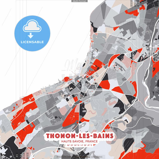 Thonon-les-Bains, Haute-Savoie, France - modern street map poster template with gray and red tones