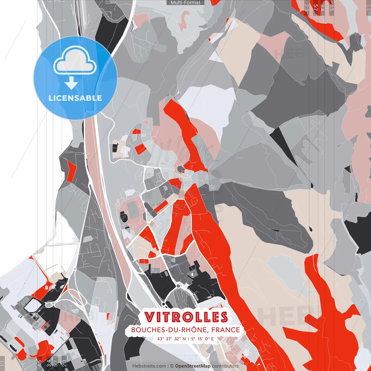 Vitrolles, Bouches-du-Rhône, France - modern street map poster template with gray and red tones
