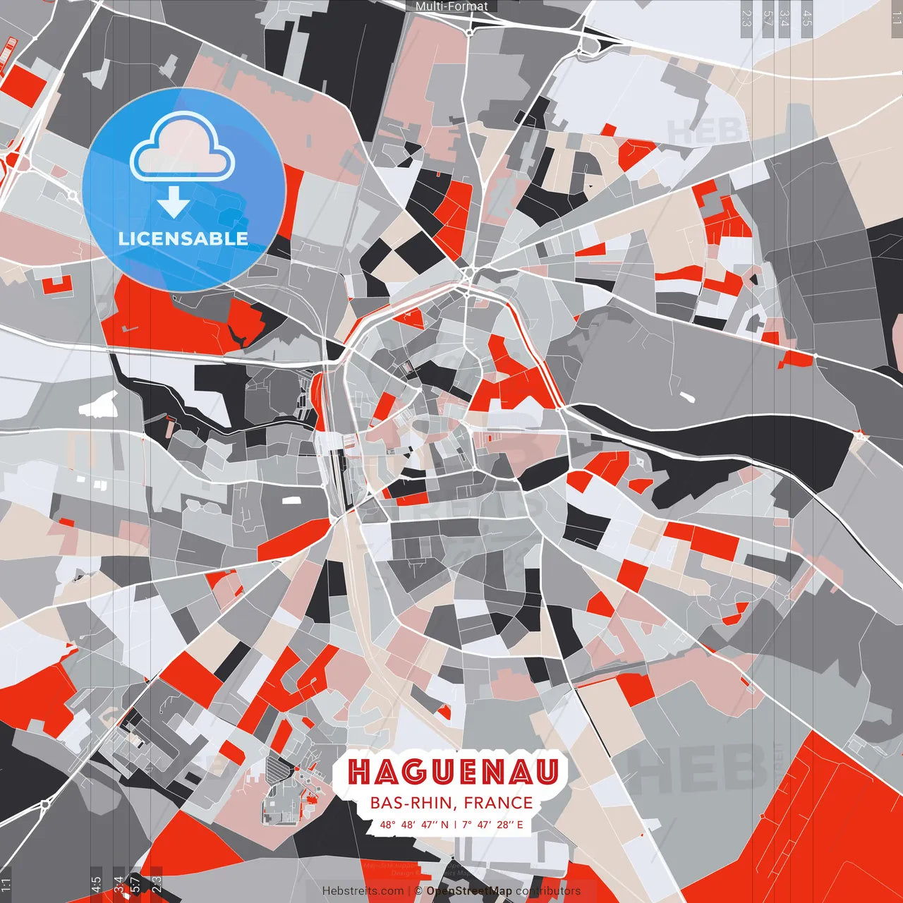 Haguenau, Bas-Rhin, France - modern street map poster template with gray and red tones