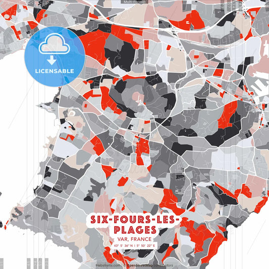 Six-Fours-les-Plages, Var, France - modern street map poster template with gray and red tones
