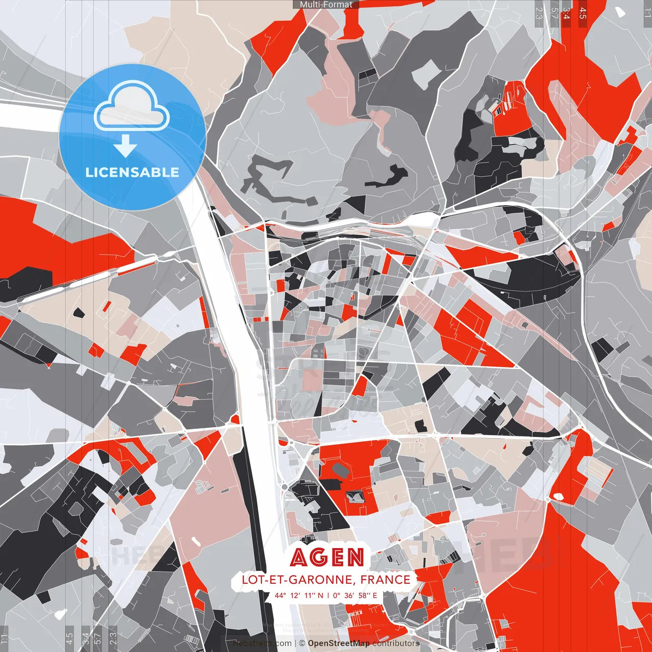 Agen, Lot-et-Garonne, France - modern street map poster template with gray and red tones