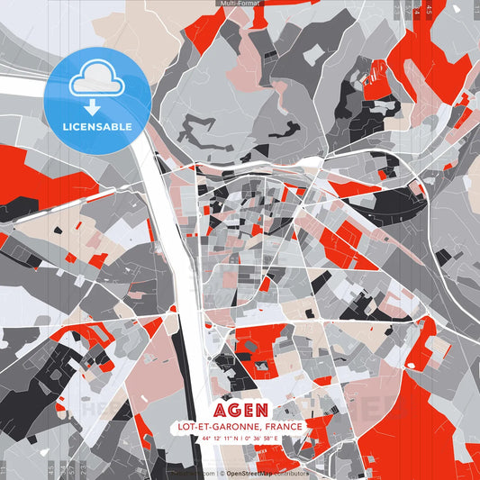 Agen, Lot-et-Garonne, France - modern street map poster template with gray and red tones