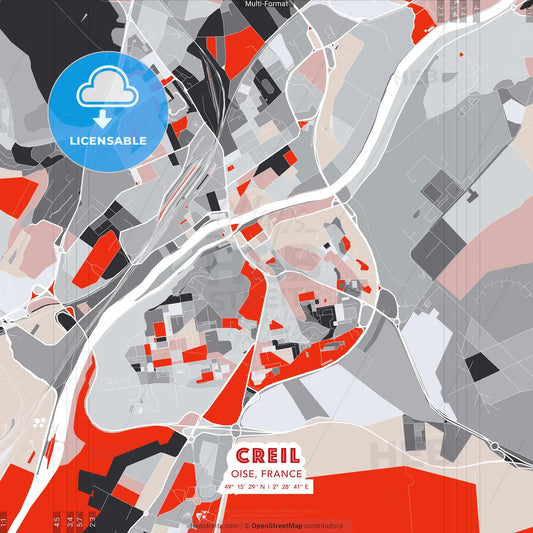 Creil, Oise, France - modern street map poster template with gray and red tones