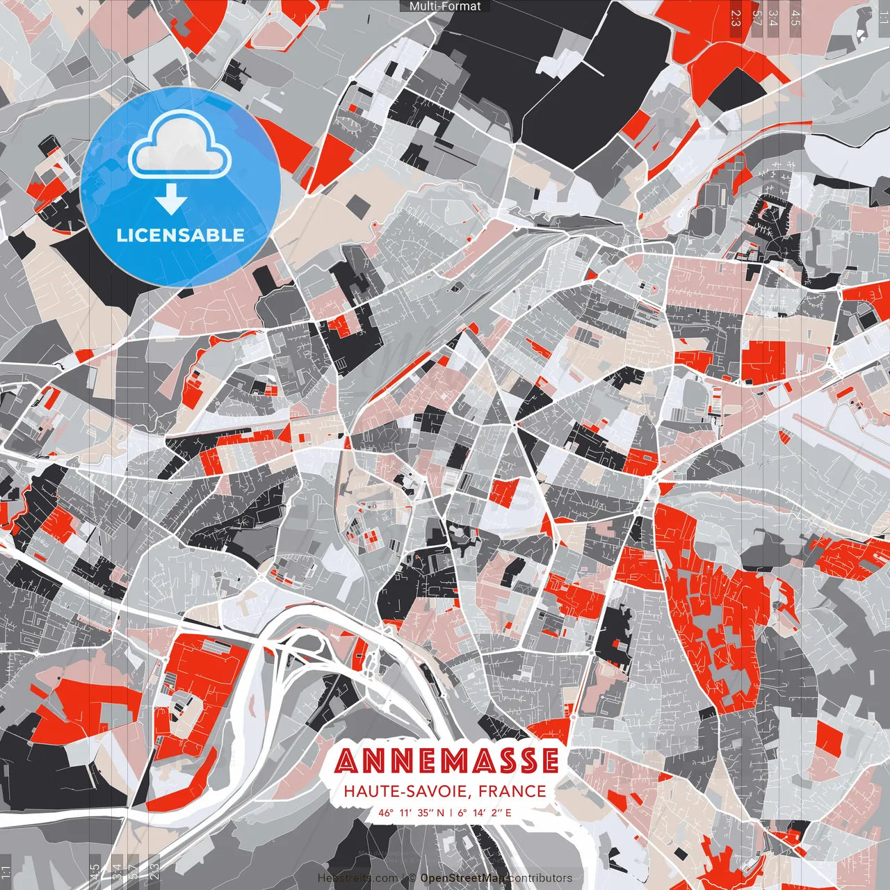 Annemasse, Haute-Savoie, France - modern street map poster template with gray and red tones