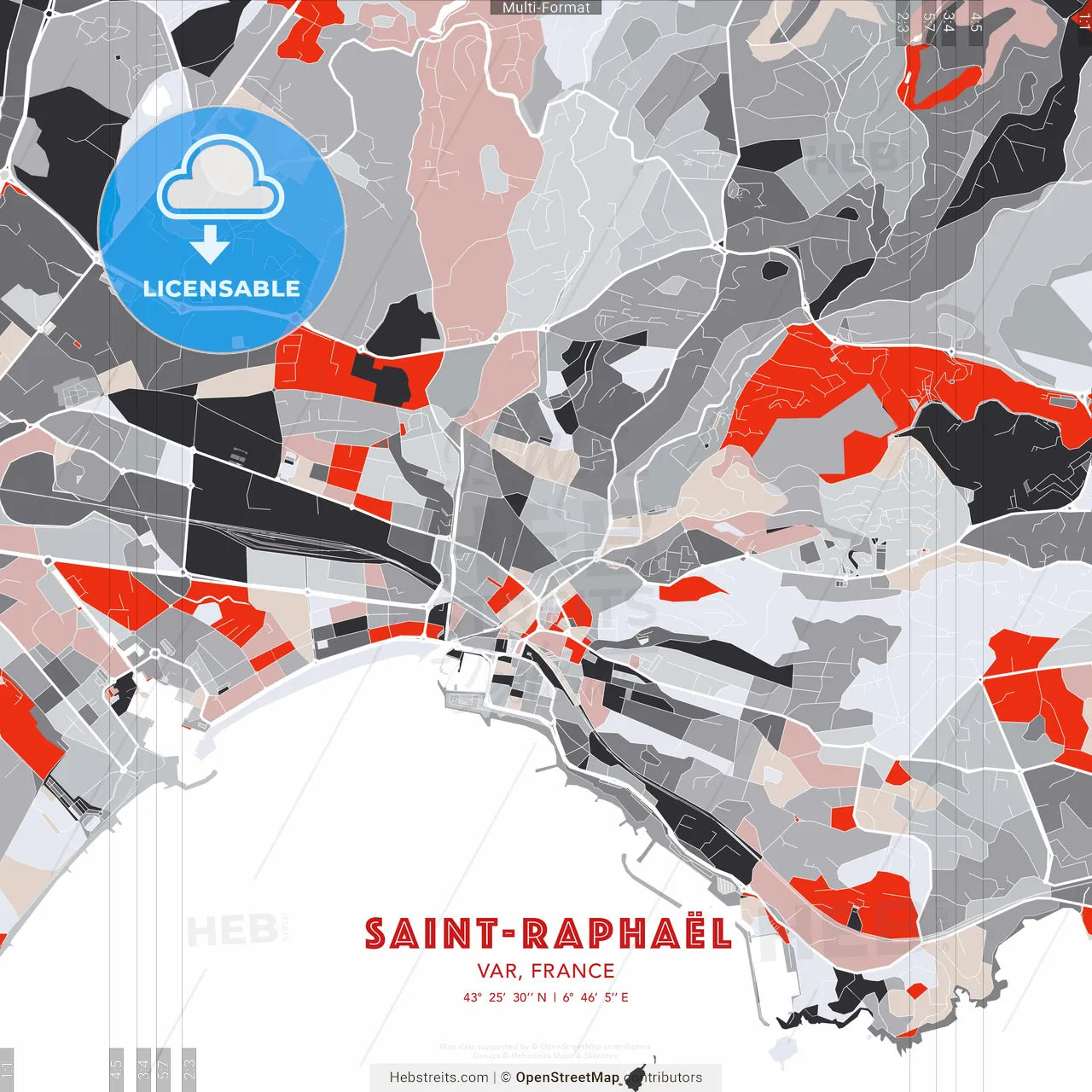 Saint-Raphaël, Var, France - modern street map poster template with gray and red tones