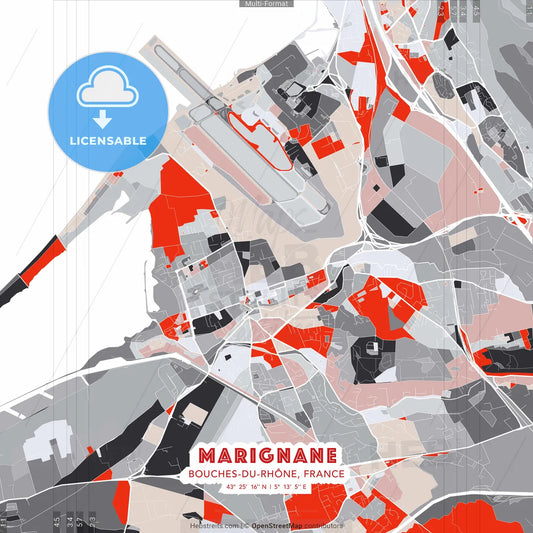 Marignane, Bouches-du-Rhône, France - modern street map poster template with gray and red tones