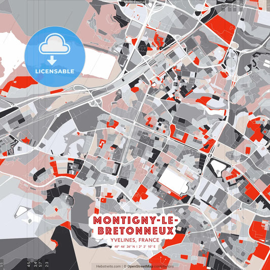Montigny-le-Bretonneux, Yvelines, France - modern street map poster template with gray and red tones