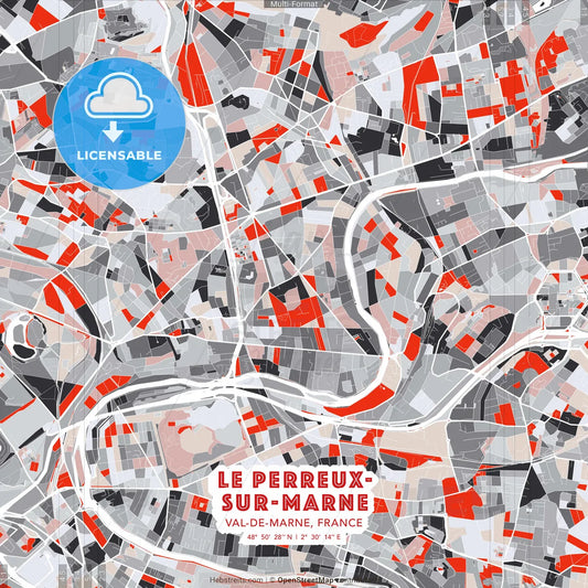 Le Perreux-sur-Marne, Val-de-Marne, France - modern street map poster template with gray and red tones