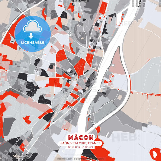 Mâcon, Saône-et-Loire, France - modern street map poster template with gray and red tones