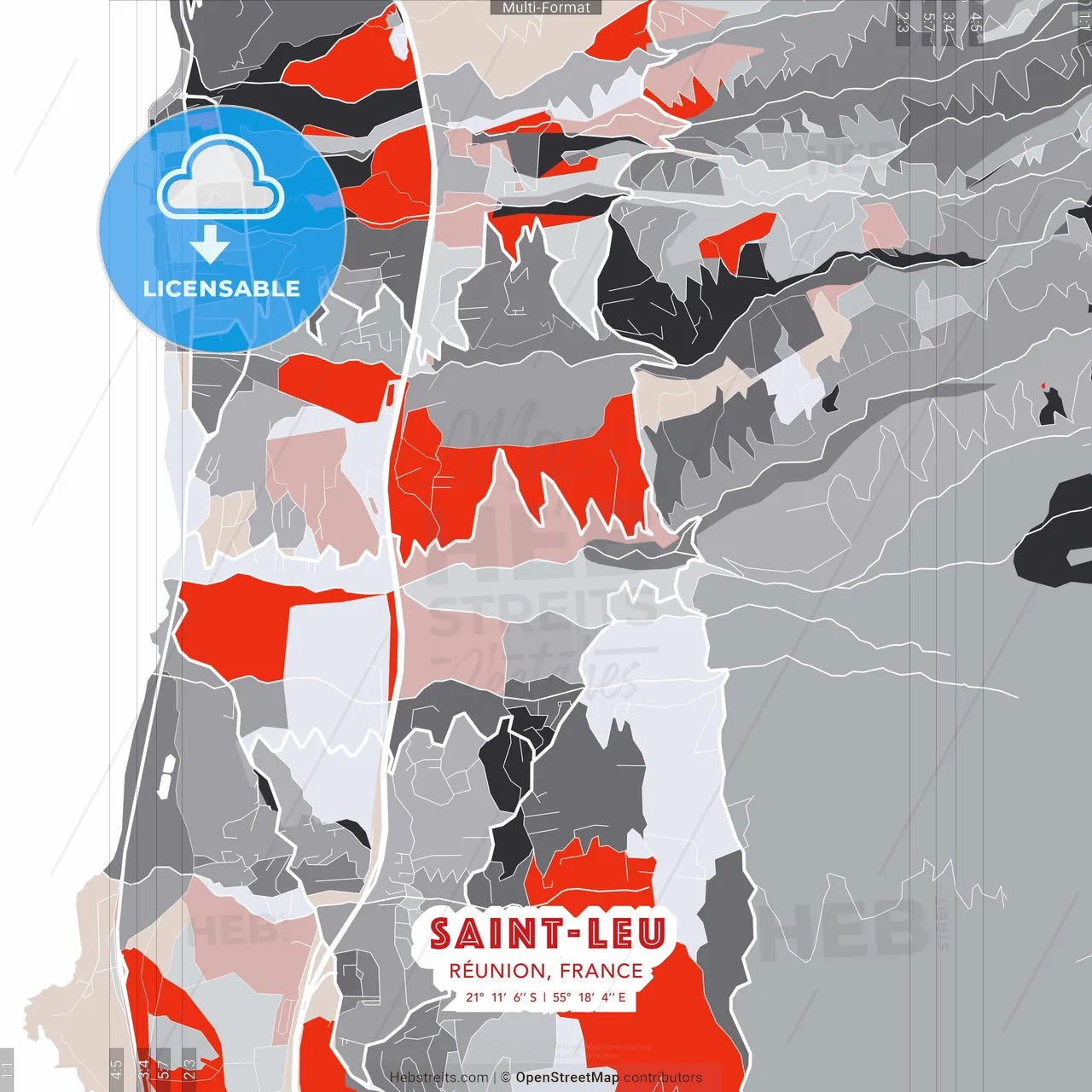 Saint-Leu, Réunion, France - modern street map poster template with gray and red tones