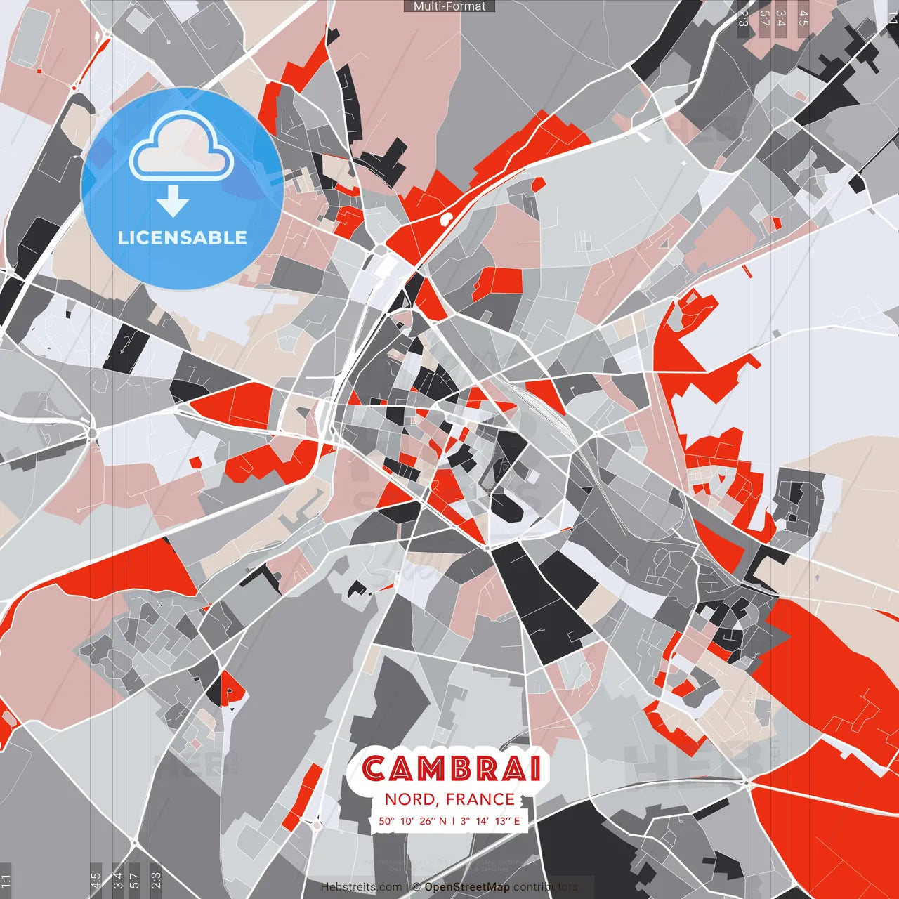 Cambrai, Nord, France - modern street map poster template with gray and red tones