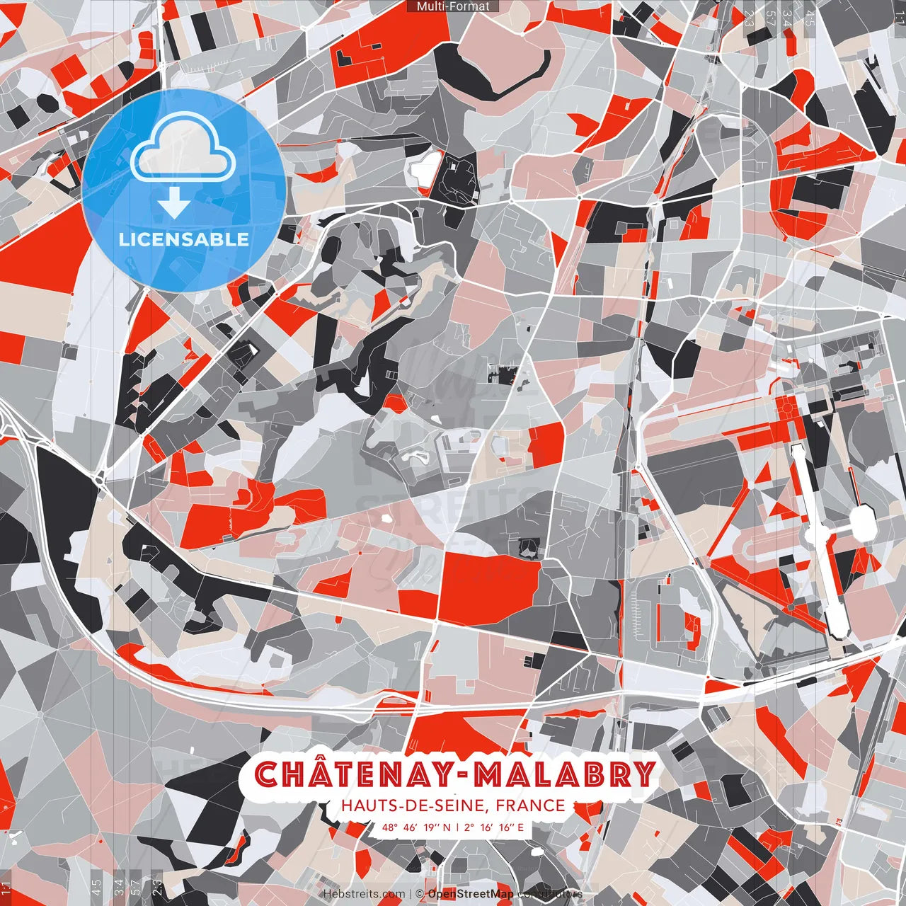 Châtenay-Malabry, Hauts-de-Seine, France - modern street map poster template with gray and red tones