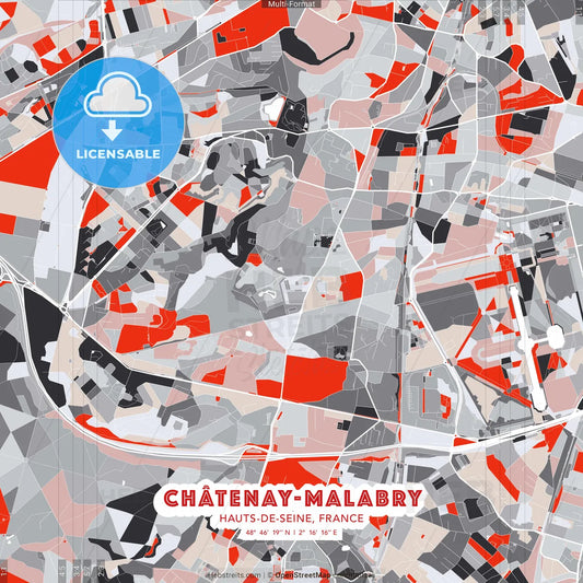 Châtenay-Malabry, Hauts-de-Seine, France - modern street map poster template with gray and red tones