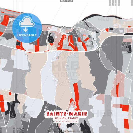 Sainte-Marie, Réunion, France - modern street map poster template with gray and red tones