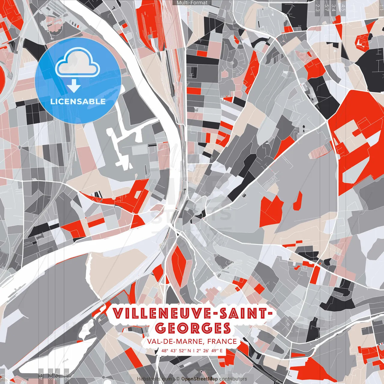 Villeneuve-Saint-Georges, Val-de-Marne, France - modern street map poster template with gray and red tones