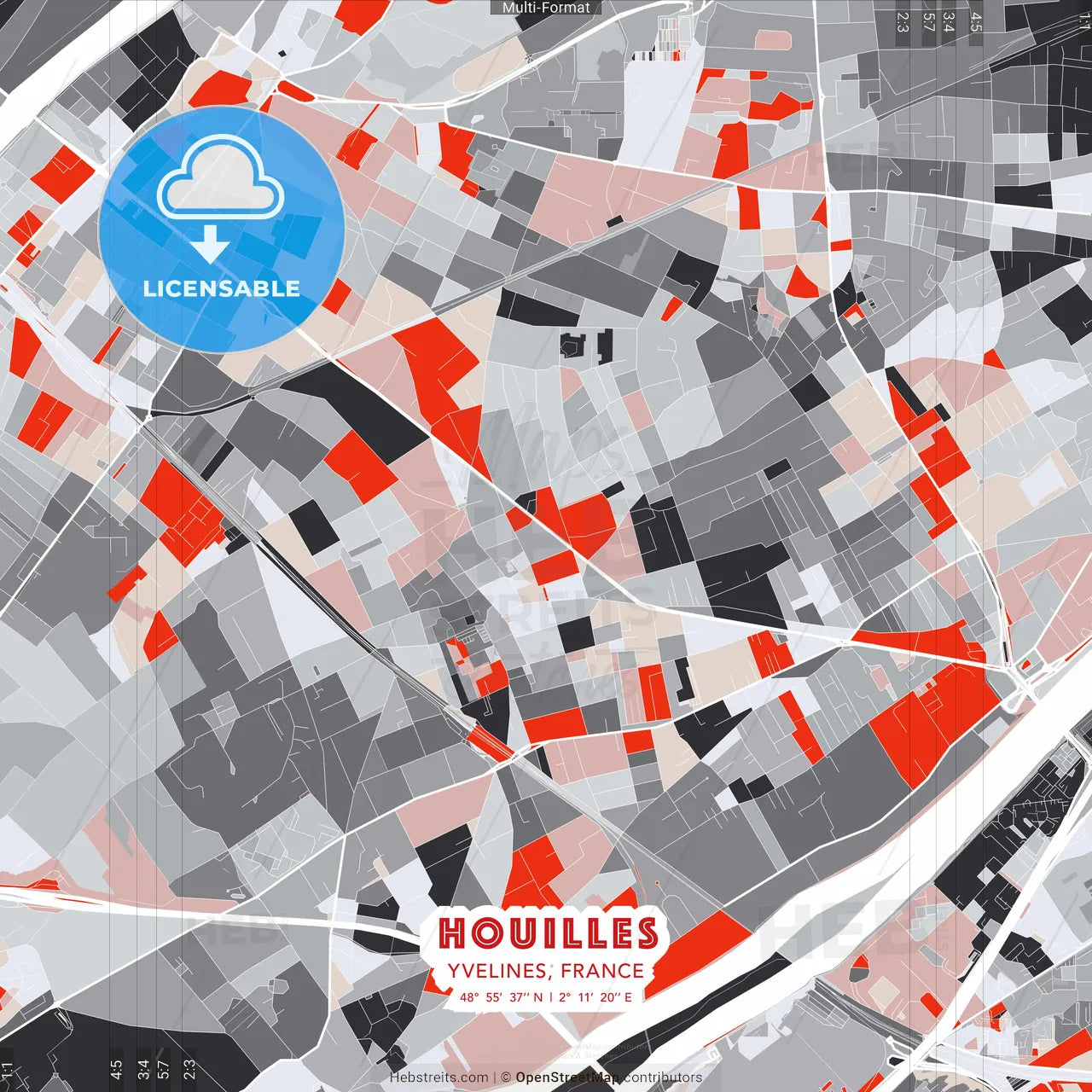 Houilles, Yvelines, France - modern street map poster template with gray and red tones