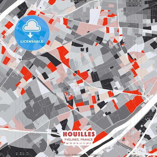 Houilles, Yvelines, France - modern street map poster template with gray and red tones