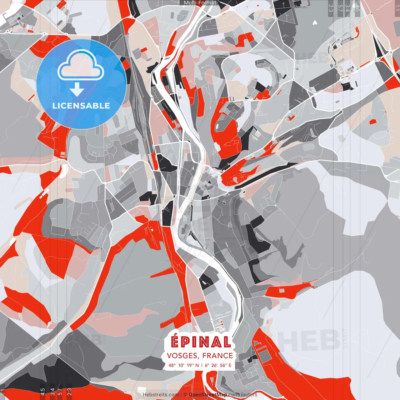 Épinal, Vosges, France - modern street map poster template with gray and red tones